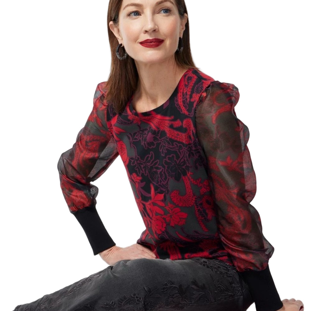 CHICOS women’s long sleeve red and black flower blouse size 4 GUC..